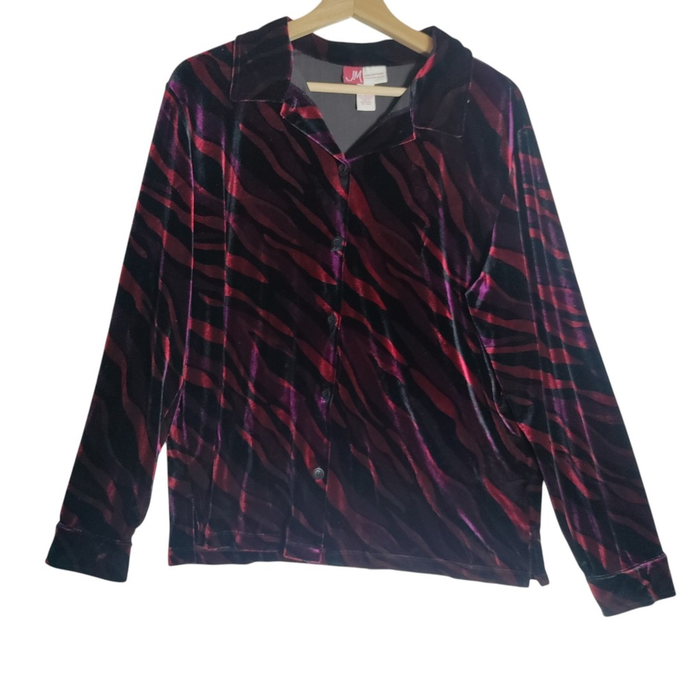 MJ Collection Dark Zebra Print  Velvet Button Front Blouse Size Large